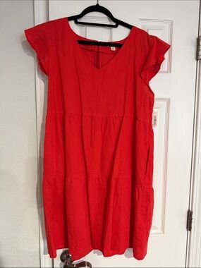 Good Threads Linen Red V-Neck Tiered Shift Dress